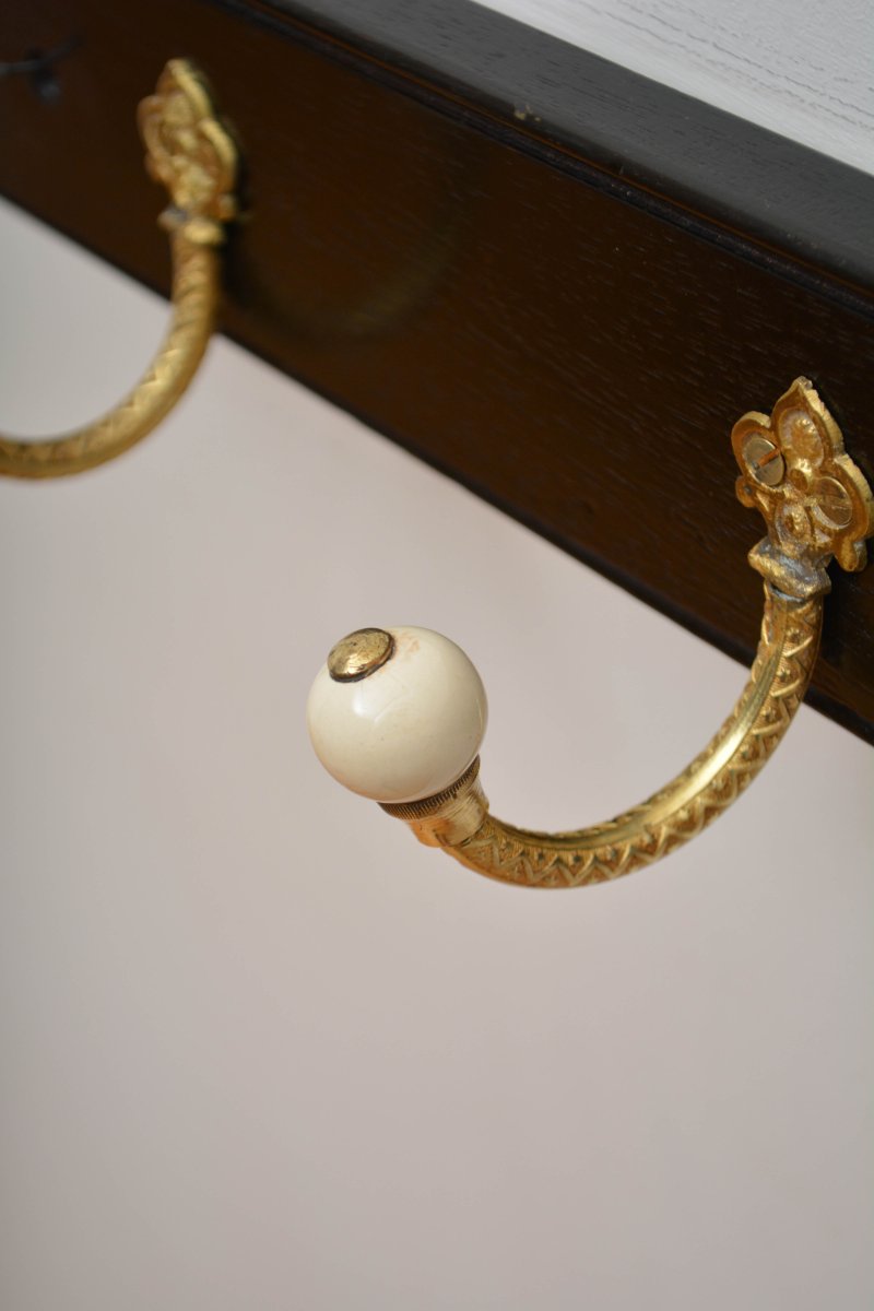 Pair Of Antique Victorian Ebonised Brass And Ceramic Coat Rack Coat Hooks - Image 4